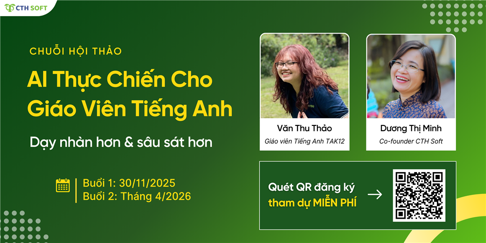 Banner Chuỗi hội thảo Chia sẻ thực tiễn về ứng dụng AI cho giáo viên Tiếng Anh